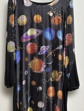 Tsumori Chisato Black Long-Sleeve Cosmic Planet Print Silk Pretty Dress Long Top